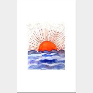 Golden Sun rising above the Ocean Watercolor Illustration Posters and Art